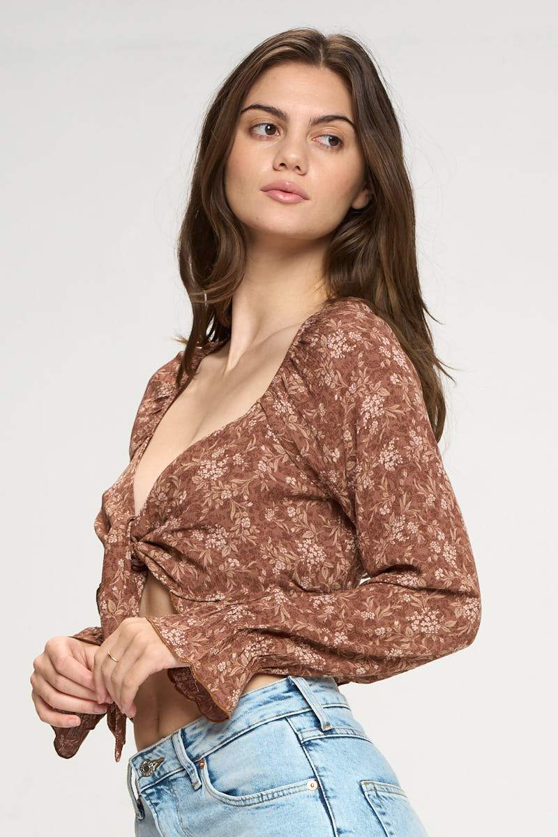 Tie Front Long Sleeve Crop Cardigan Ditsy Floral