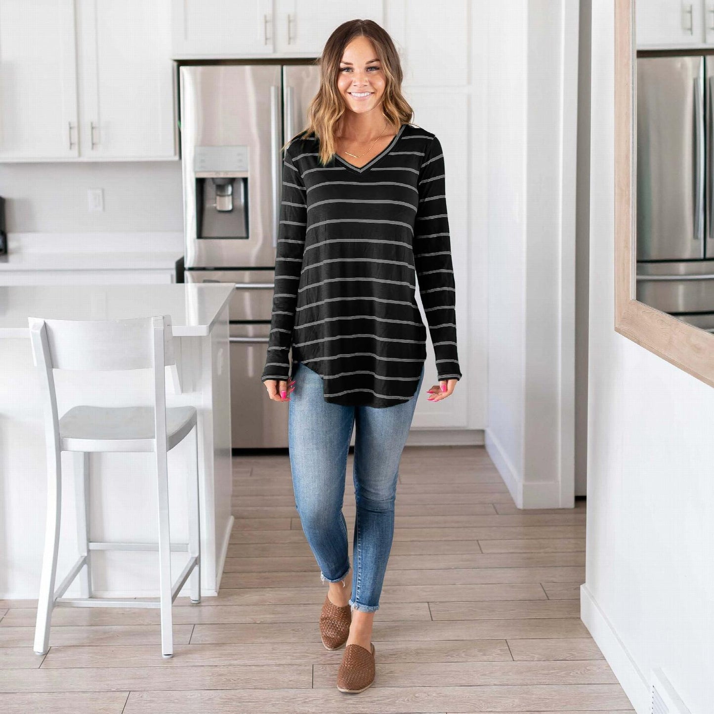 Striped V-neck Dolphin Hem Top