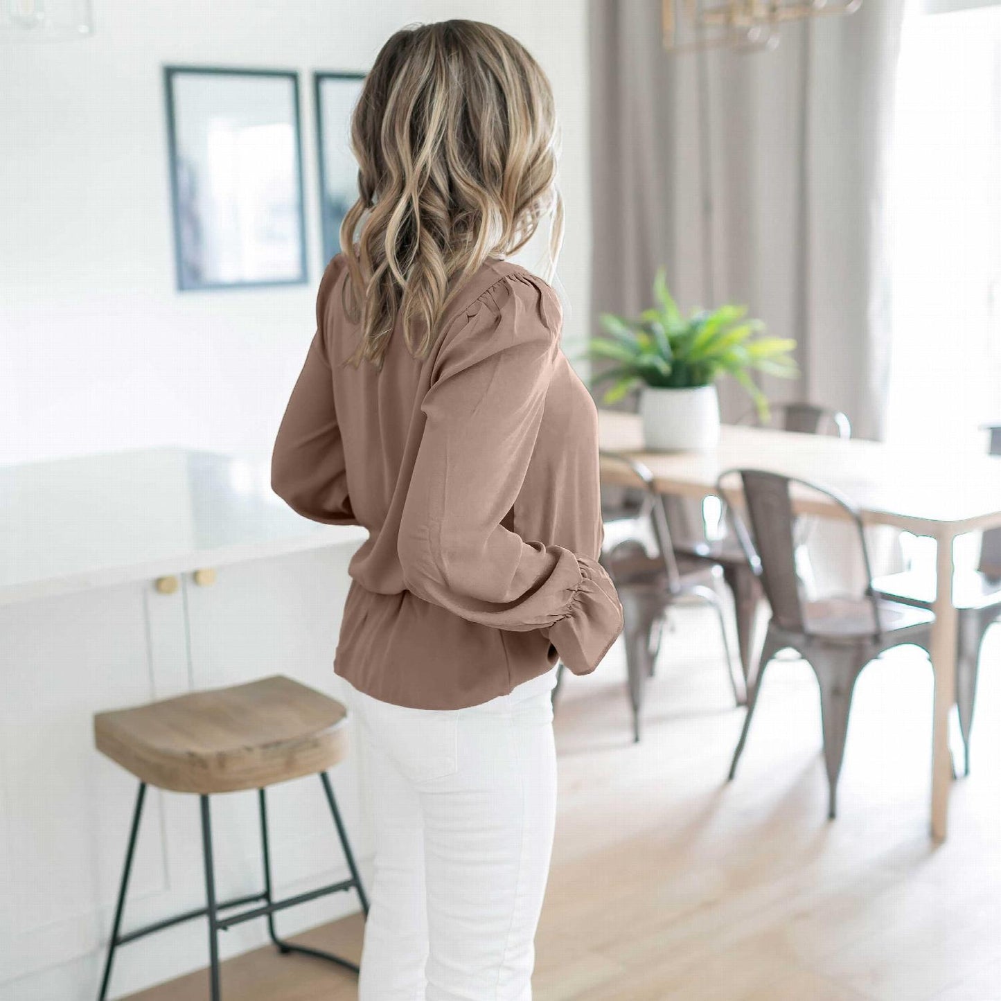Chemisier à manches bouffantes en laine tissée couleur pêche