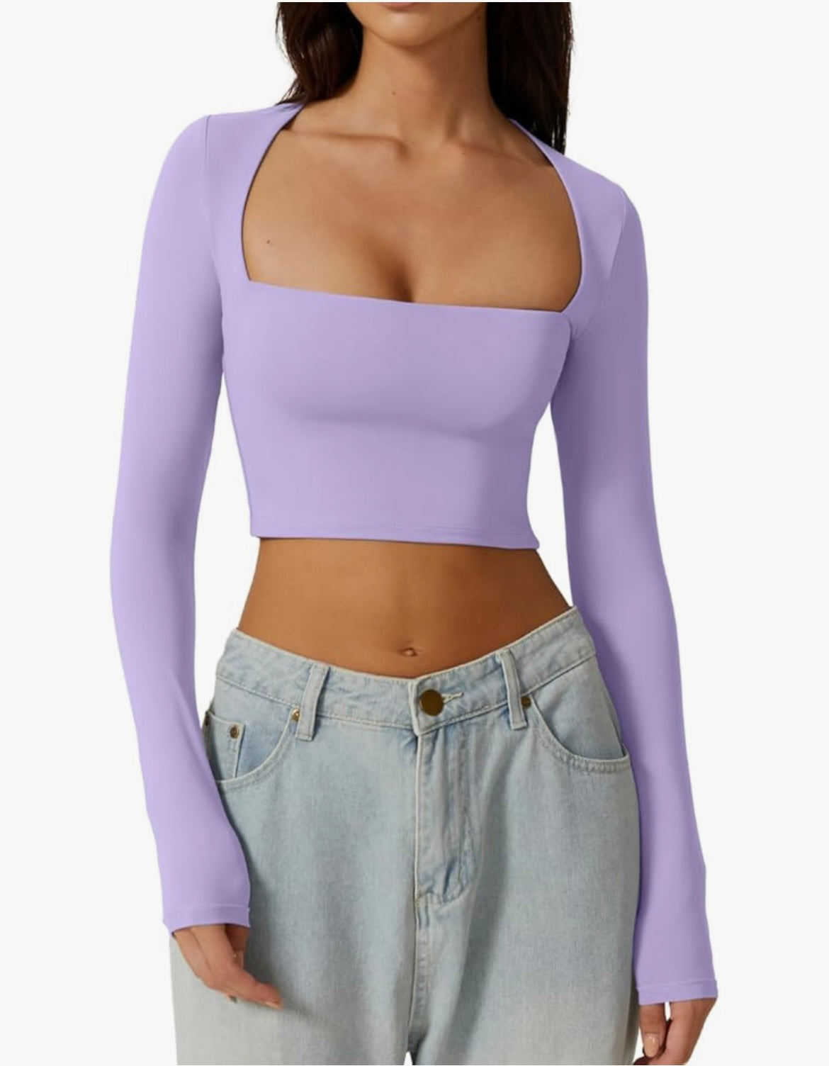 T-shirt court sexy à col carré et manches longues pour femme, coupe slim