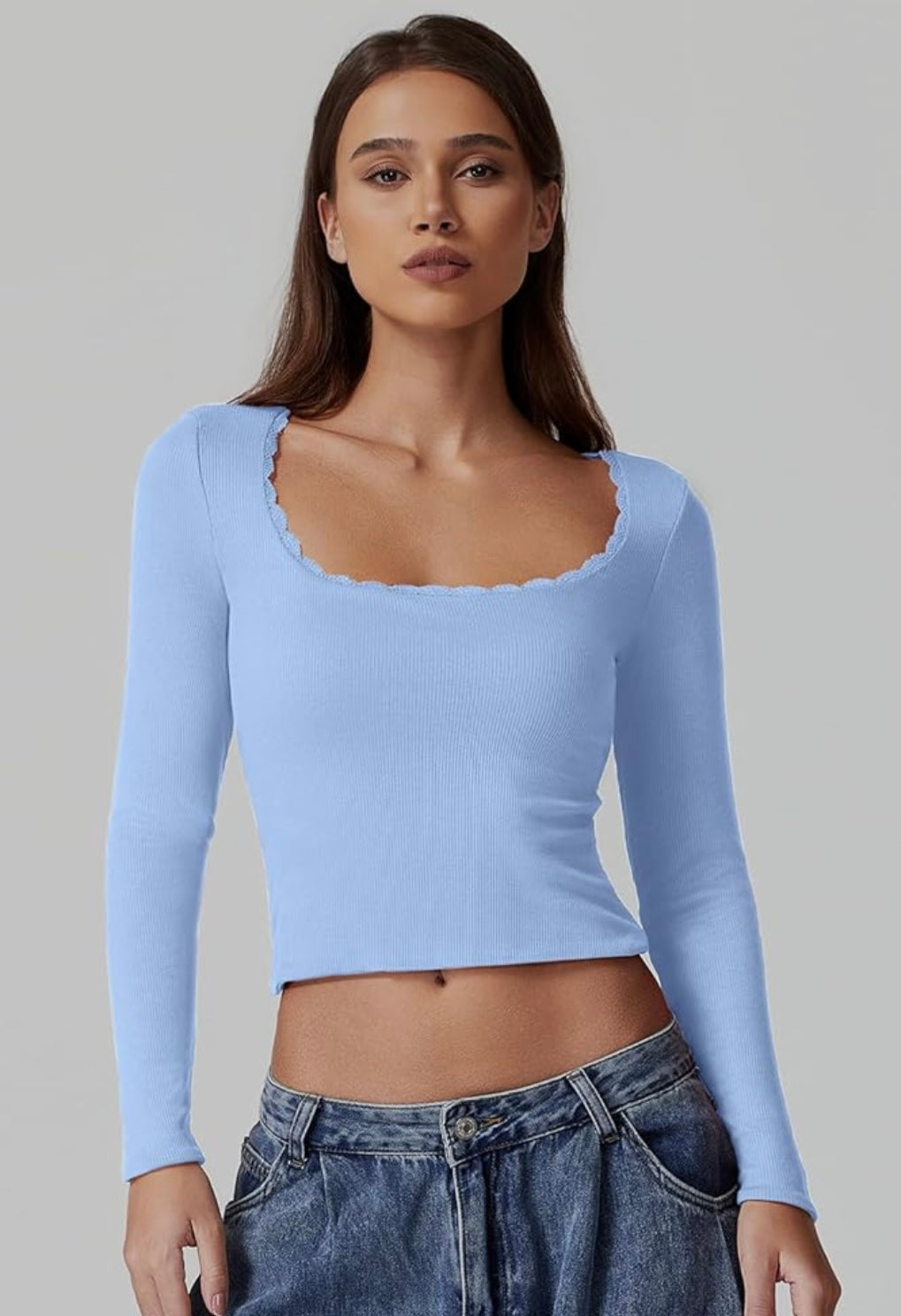 Chemise sexy à manches longues et col rond pour femme, coupe slim en dentelle côtelée