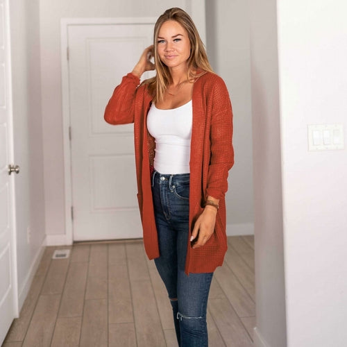 Pull cardigan ouvert à manches longues et poches en tricot gaufré