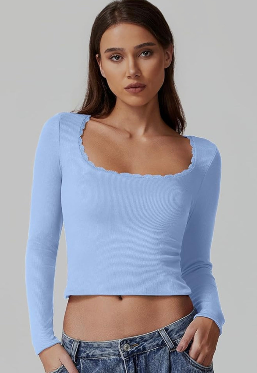 Chemise sexy à manches longues et col rond pour femme, coupe slim en dentelle côtelée