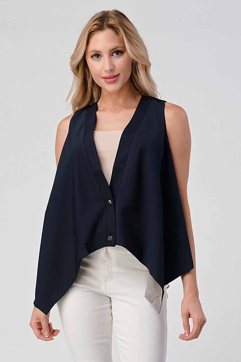 Gilet asymétrique boutonné sans manches avec ourlet superposé