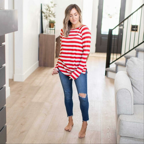 Striped Long Sleeve Boat Neck Top Elbow Patch