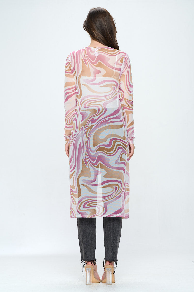 Cardigan long transparent pour femme avec imprimé tourbillon rétro