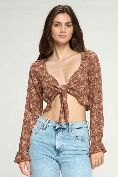 Tie Front Long Sleeve Crop Cardigan Ditsy Floral