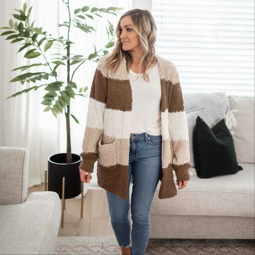 Color Block Balloon Sleeve Popcorn Cardigan