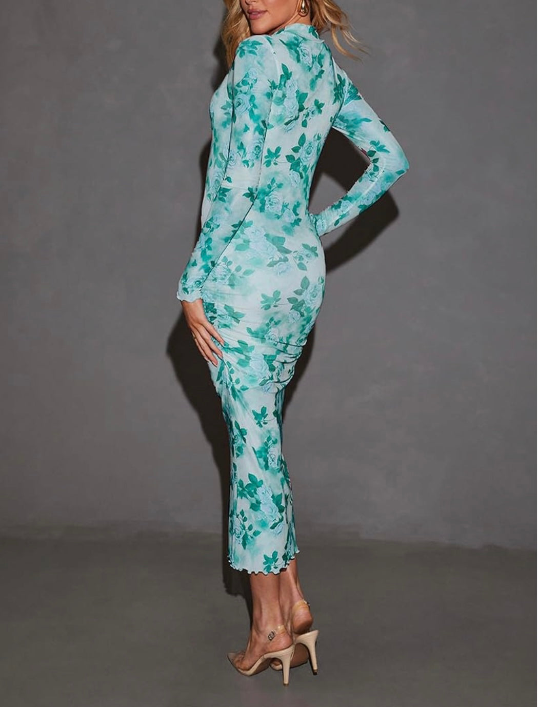 Robes moulantes à manches longues pour femmes, mode printemps, col montant, motif floral