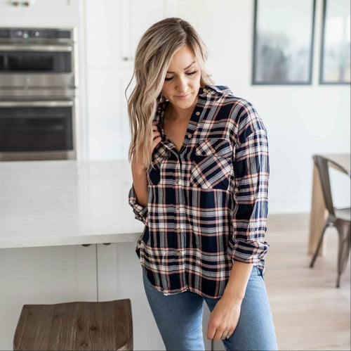 Double Flap Pocket Button-up Plaid Shirt With Roll-up Long Sleeves