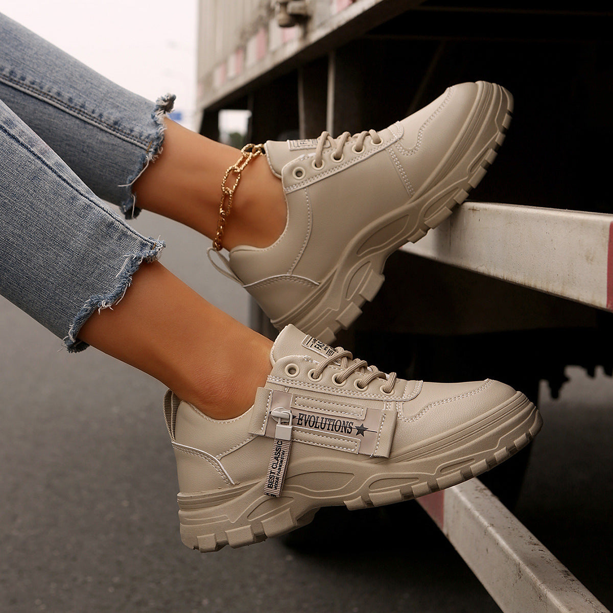 Chaussures de sport à lacets avec fermeture éclair latérale, chaussures décontractées à semelle épaisse et bout rond pour femmes