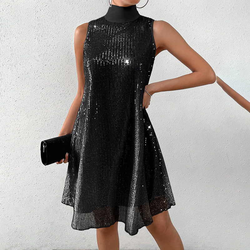 Robe de soirée pailletée sans manches à col montant pour femme