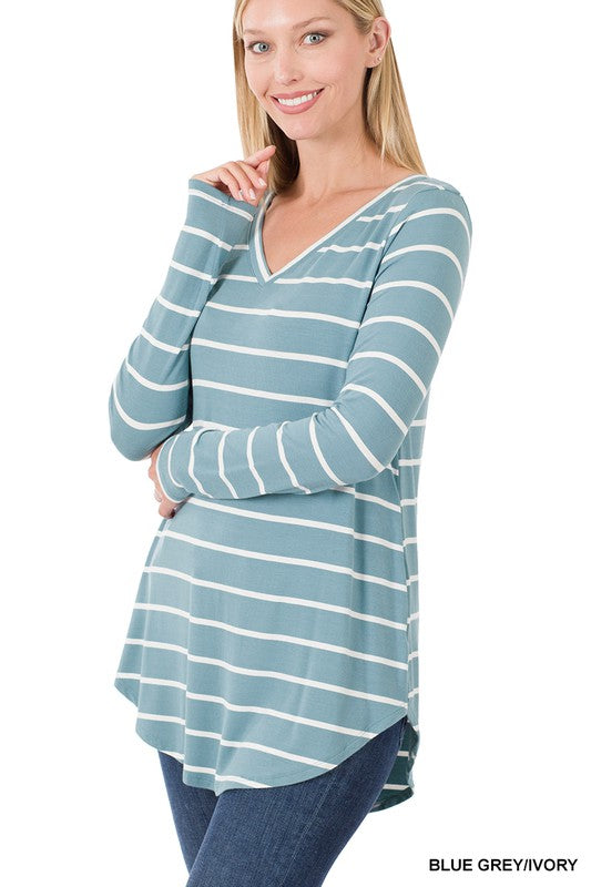 Striped V-neck Dolphin Hem Top