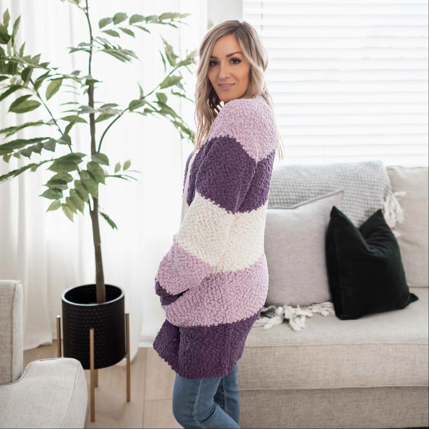Color Block Balloon Sleeve Popcorn Cardigan