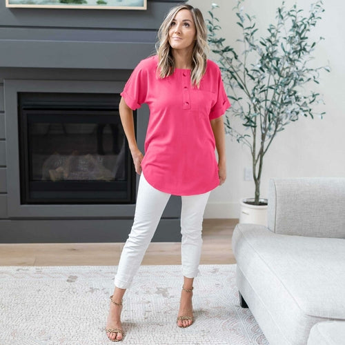 Woven Heavy Span Dobby Button Front Pocket Top