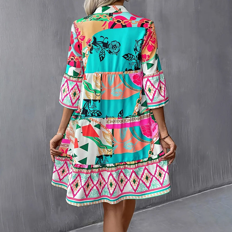 Vestido corto informal de mujer con escote en V, estampado, mangas acampanadas, plisado, para playa