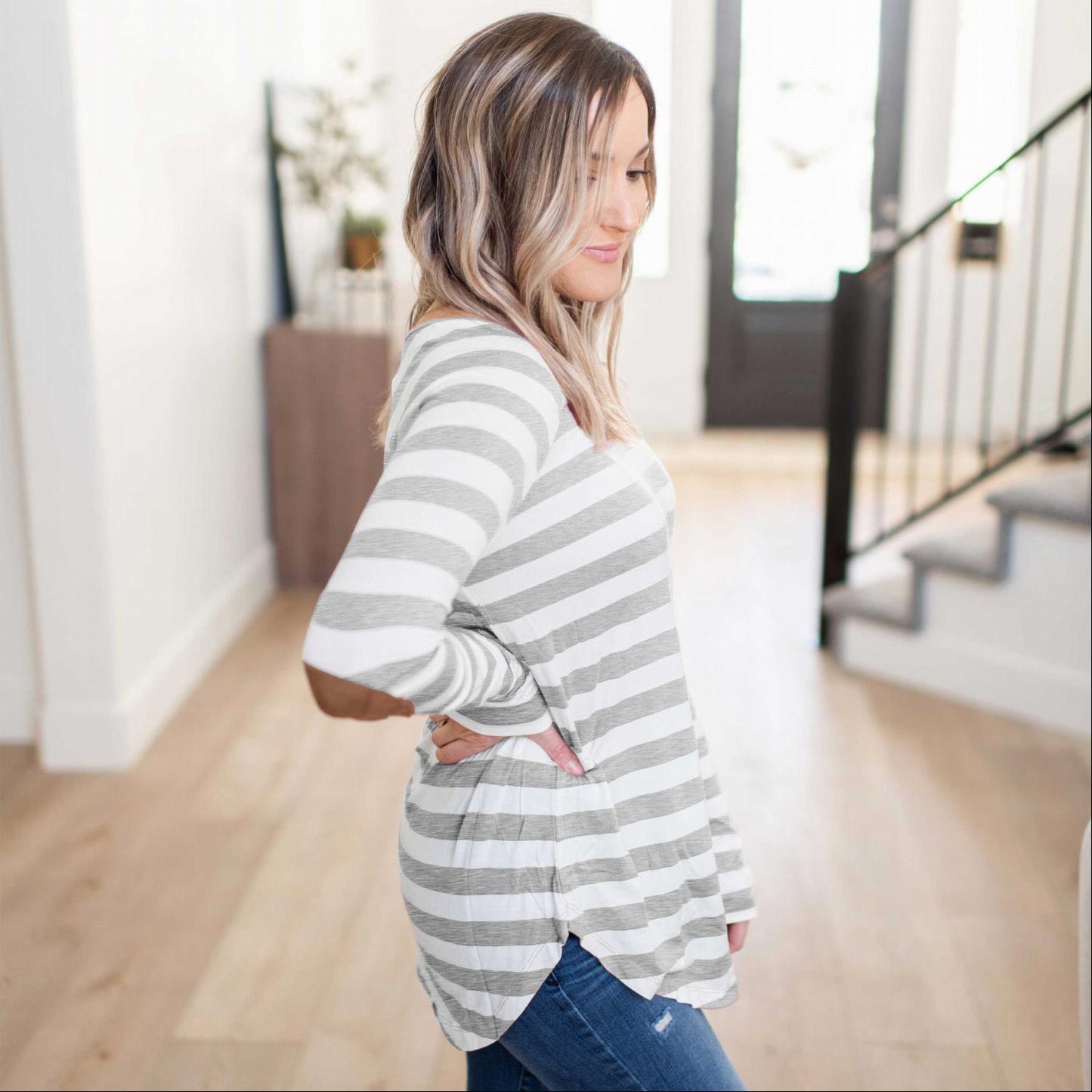 Striped Long Sleeve Boat Neck Top Elbow Patch