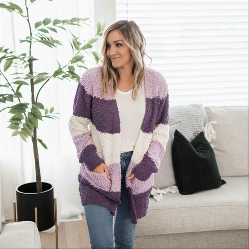 Color Block Balloon Sleeve Popcorn Cardigan