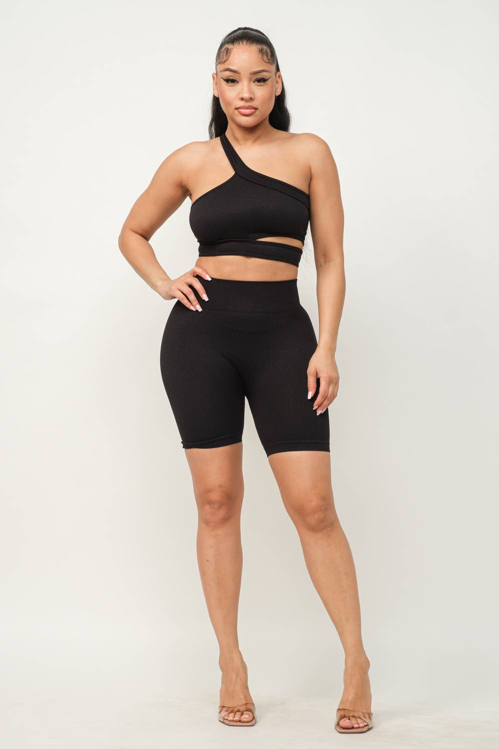 Cut Out One Shoulder Strap Top And Shorts Set