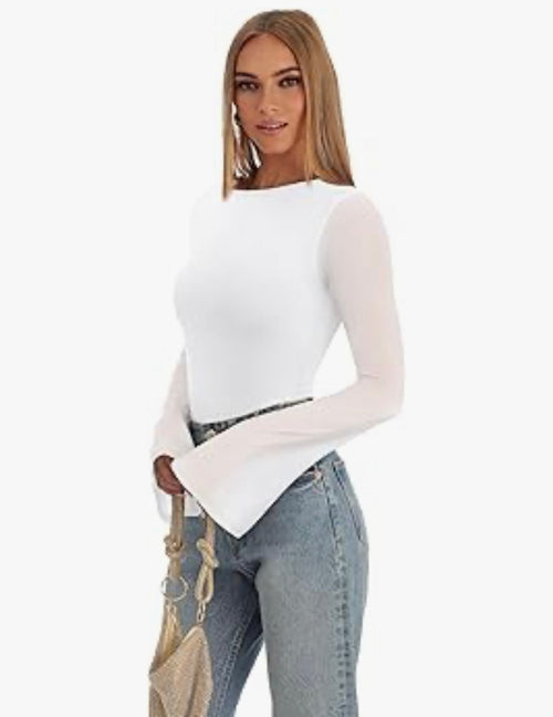 Body sexy en maille transparente pour femme – Col bateau, manches cloches