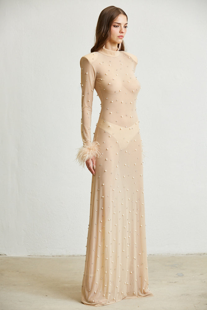 Vestido largo transparente con puños de plumas sintéticas - Magnolia