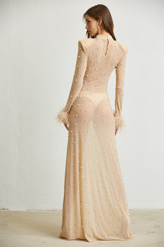 Vestido largo transparente con puños de plumas sintéticas - Magnolia