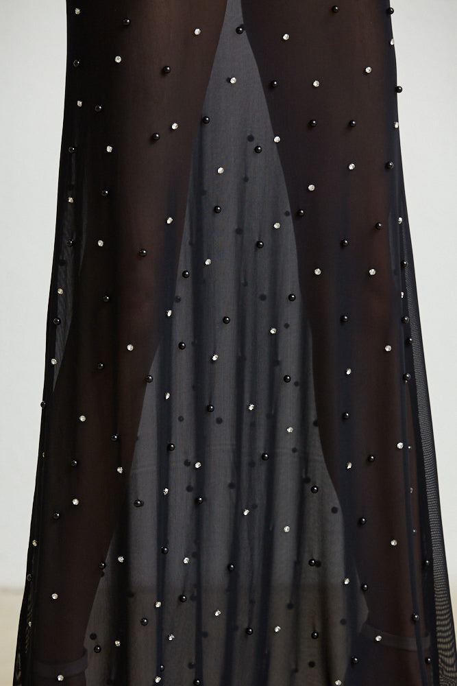 Vestido largo transparente con puños de plumas sintéticas - Magnolia