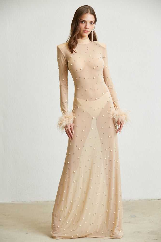 Vestido largo transparente con puños de plumas sintéticas - Magnolia