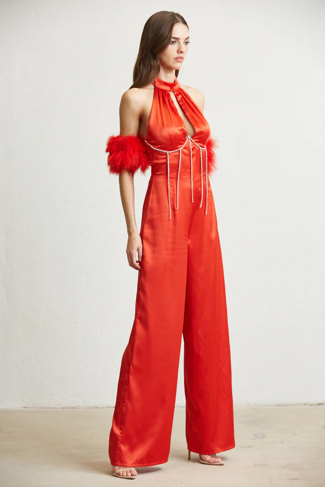 Valentina Luxe Satin Mockneck Formal Party Evening Dress Jumpsuit