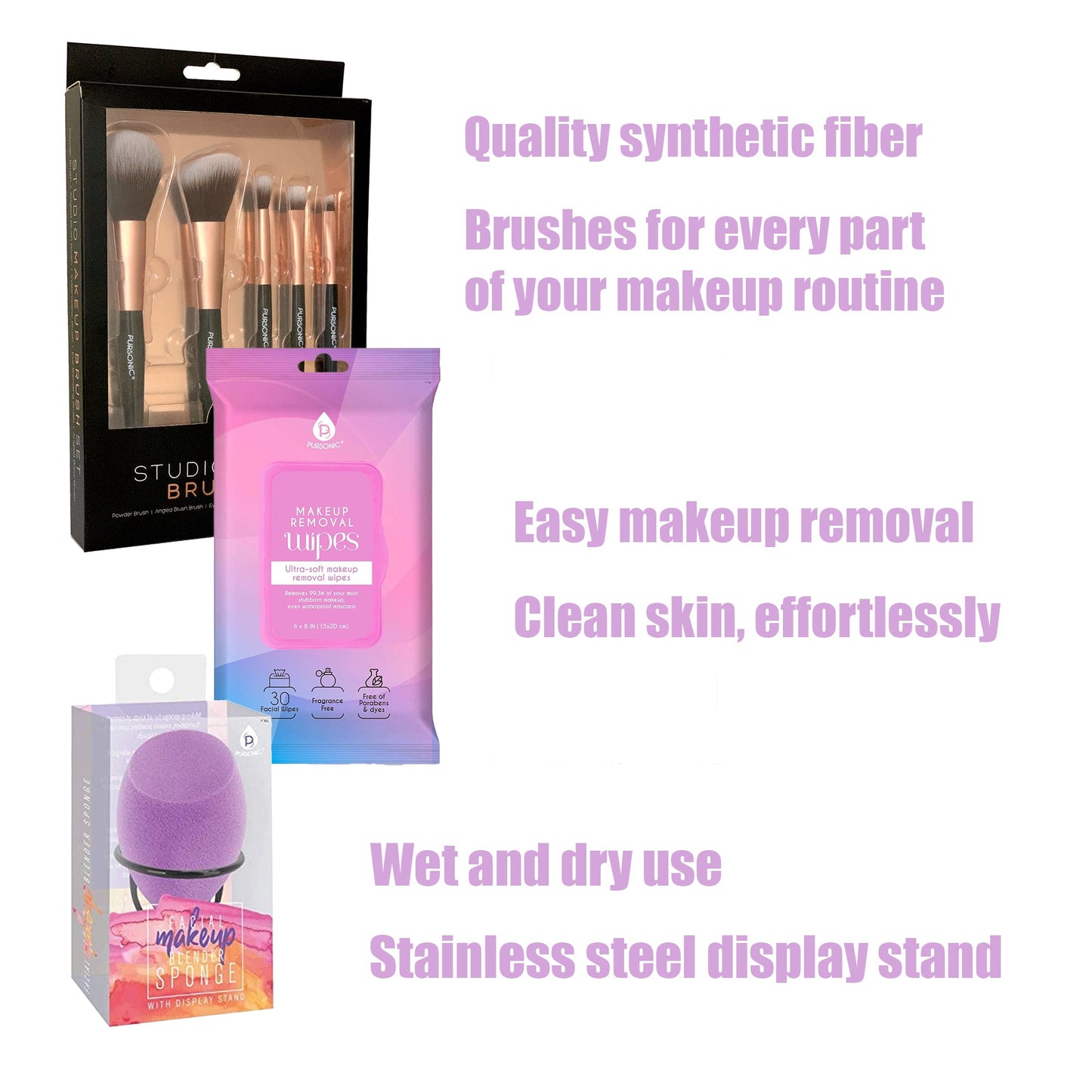 Paquete de artículos esenciales de maquillaje: brochas, toallitas y esponja para difuminar