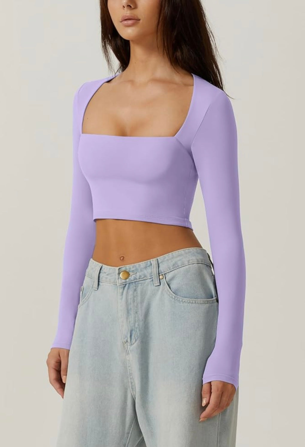 T-shirt court sexy à col carré et manches longues pour femme, coupe slim