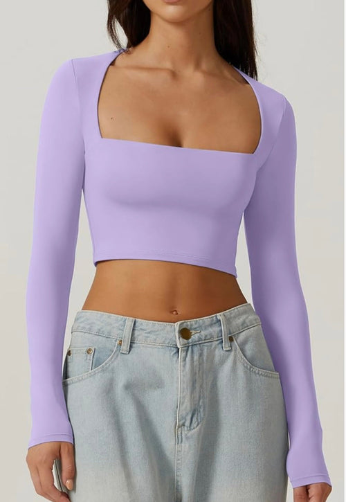 T-shirt court sexy à col carré et manches longues pour femme, coupe slim