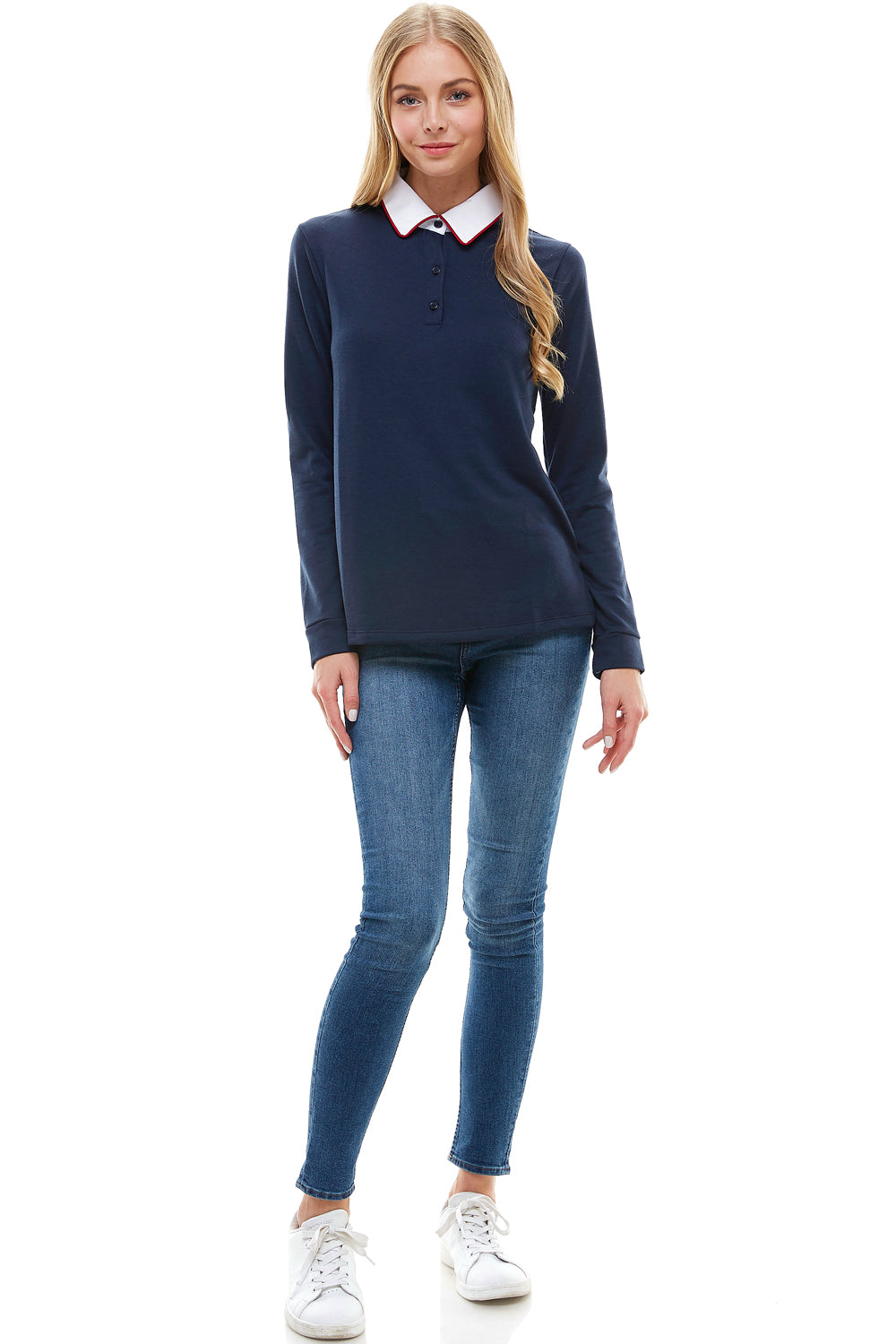 Polo à manches longues pour femme avec col contrasté
