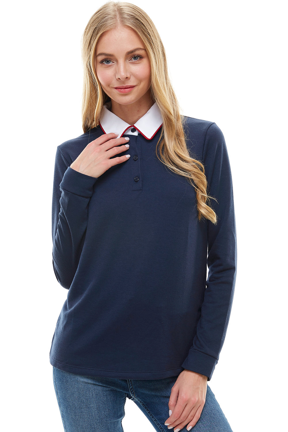 Polo à manches longues pour femme avec col contrasté