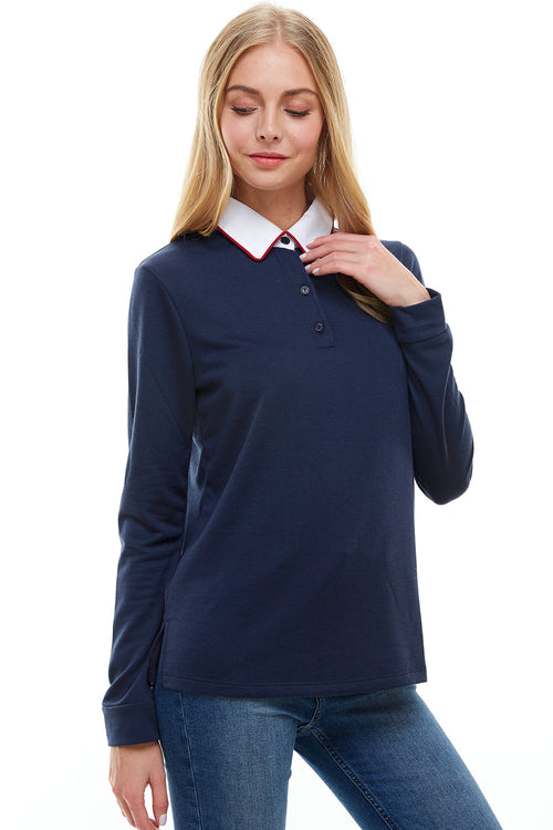 Polo à manches longues pour femme avec col contrasté
