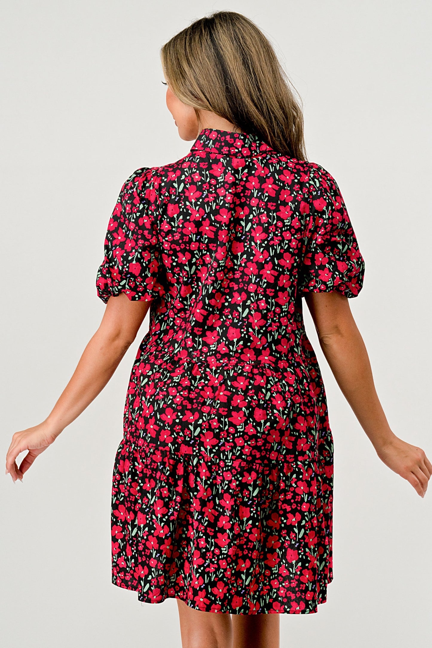 Floral Print Tiered Dress with Puff Sleeves - Button-Down Casual