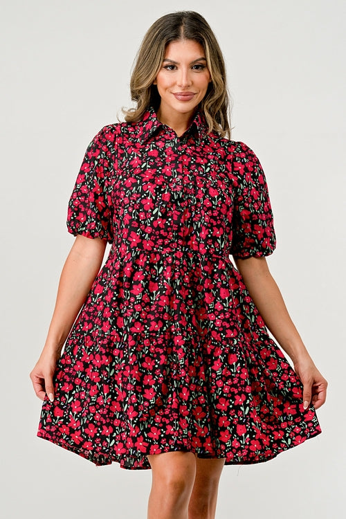 Floral Print Tiered Dress with Puff Sleeves - Button-Down Casual