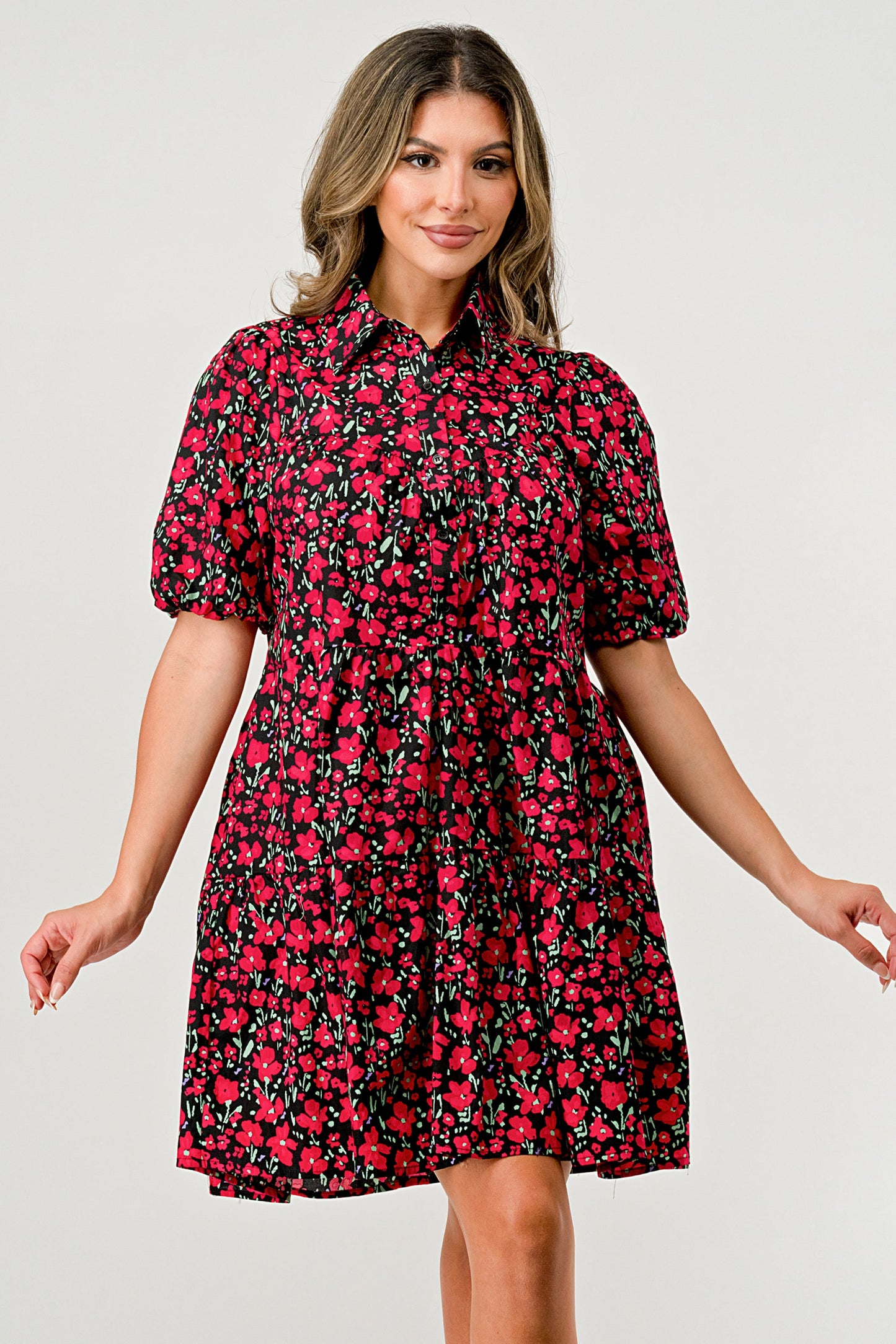 Floral Print Tiered Dress with Puff Sleeves - Button-Down Casual
