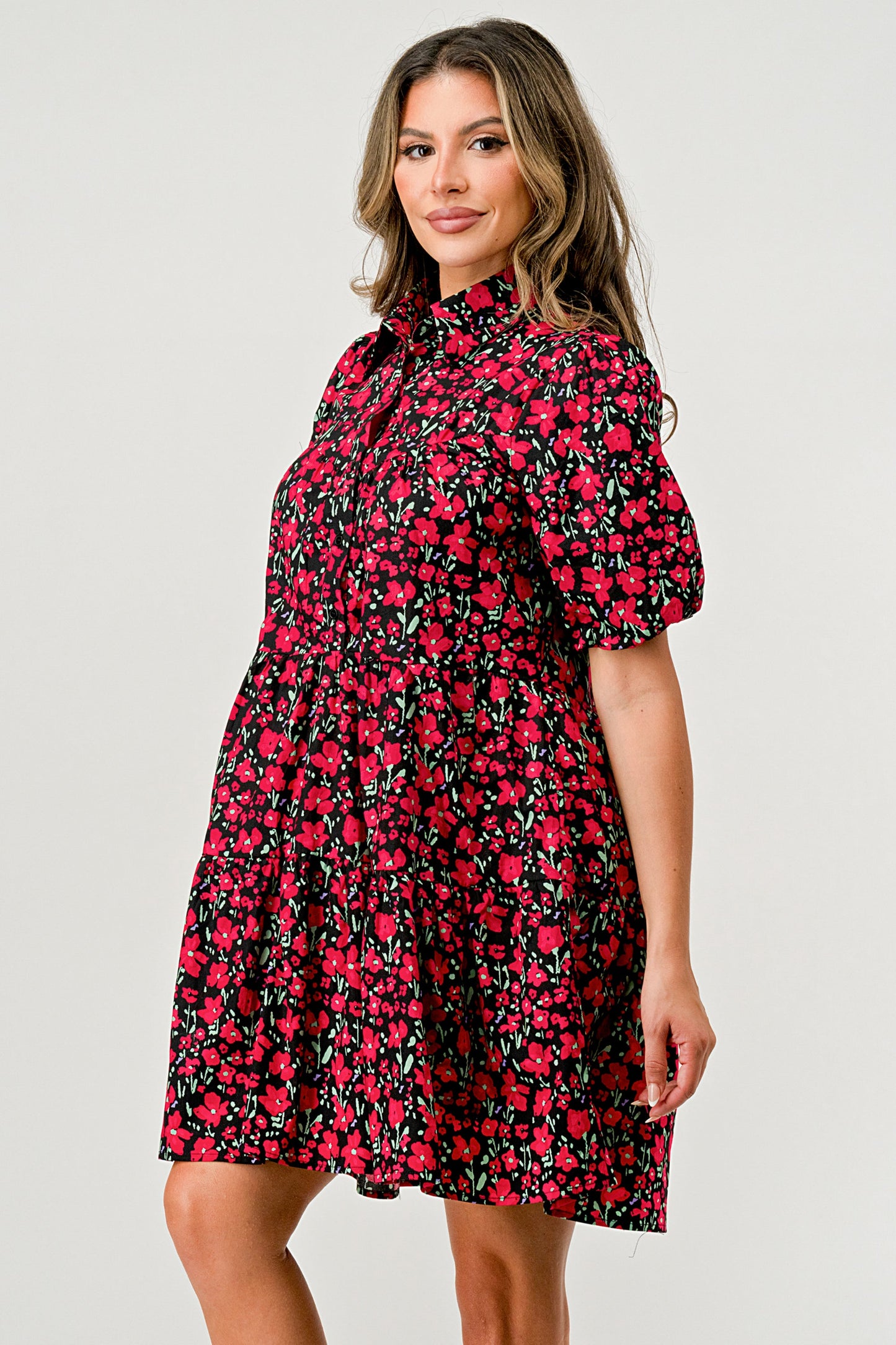 Floral Print Tiered Dress with Puff Sleeves - Button-Down Casual