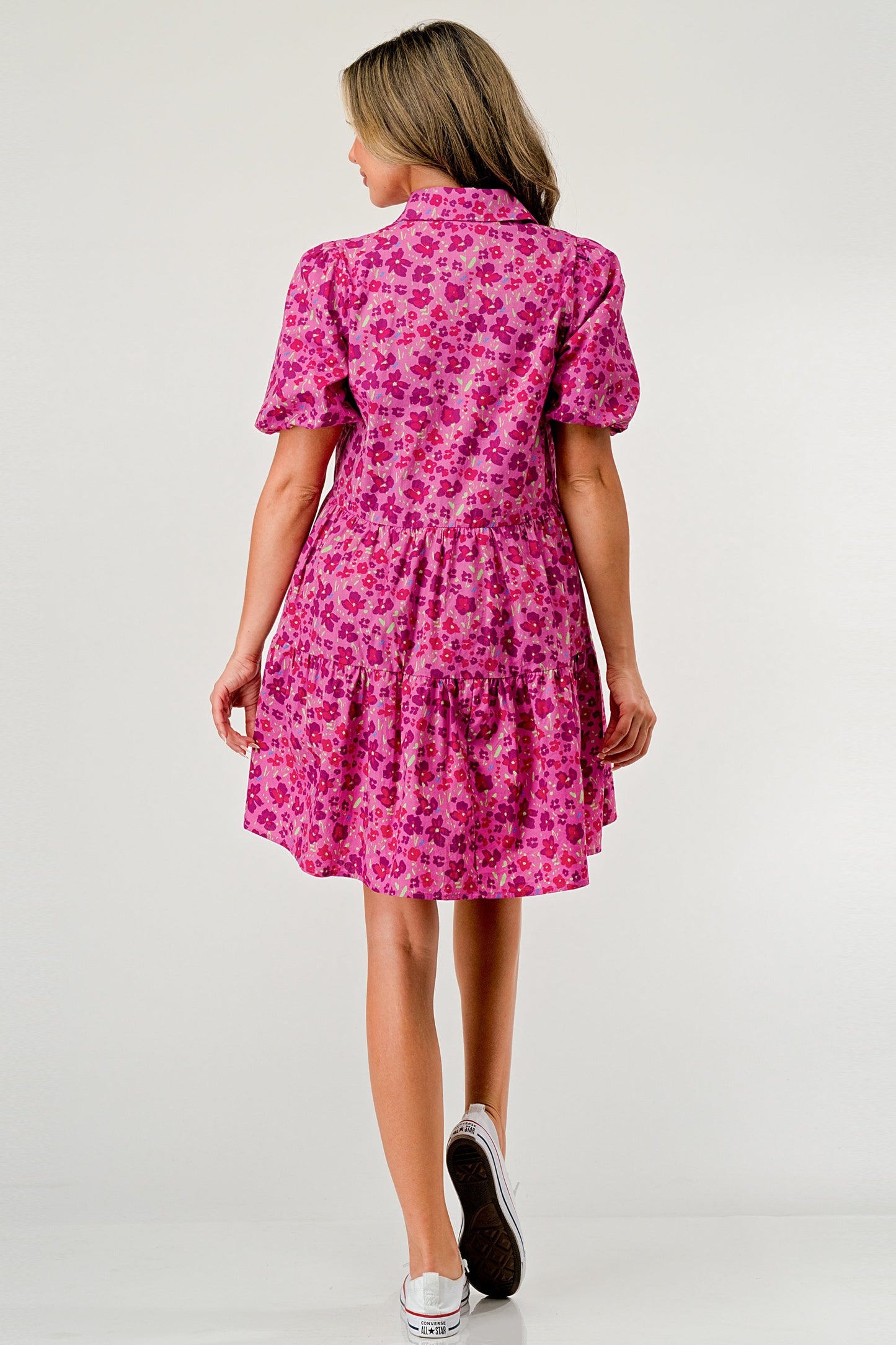 Floral Print Tiered Dress with Puff Sleeves - Button-Down Casual