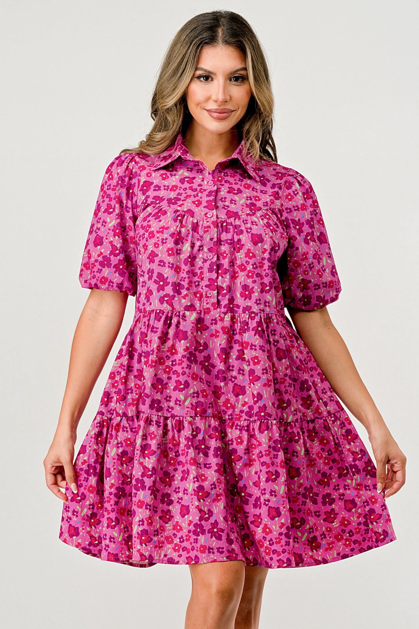 Floral Print Tiered Dress with Puff Sleeves - Button-Down Casual