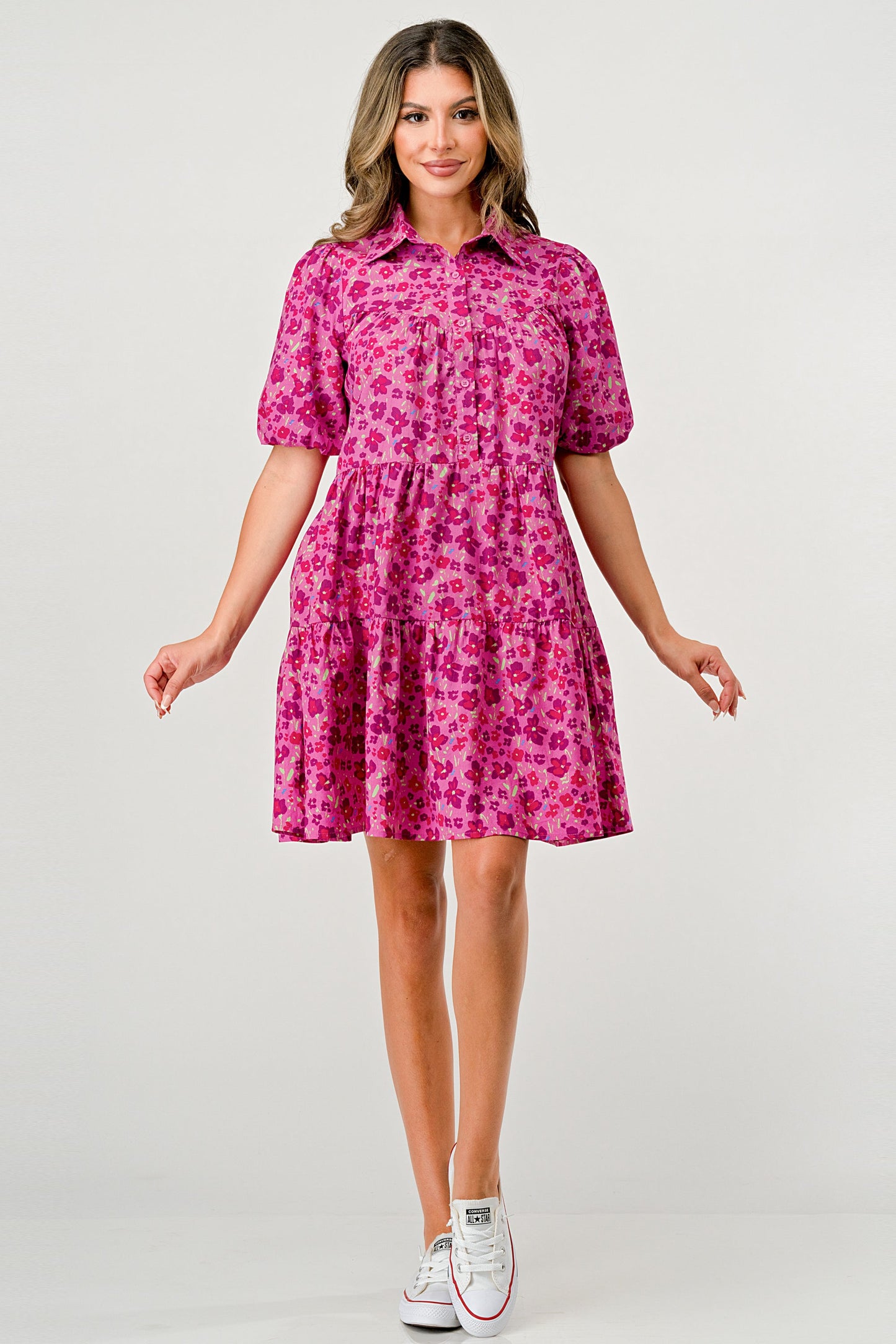 Floral Print Tiered Dress with Puff Sleeves - Button-Down Casual