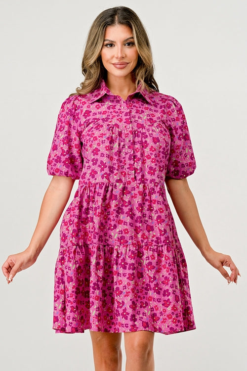 Floral Print Tiered Dress with Puff Sleeves - Button-Down Casual