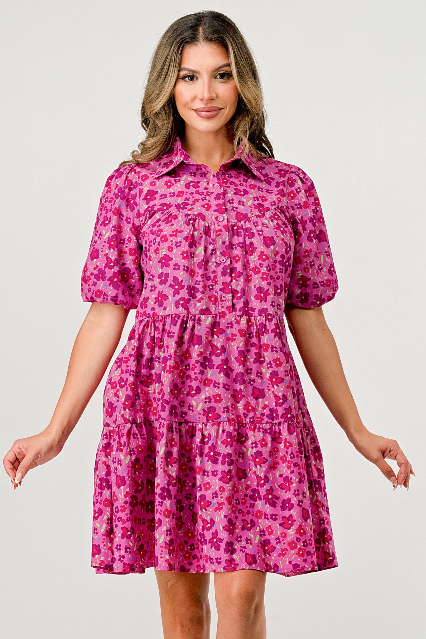 Floral Print Tiered Dress with Puff Sleeves - Button-Down Casual