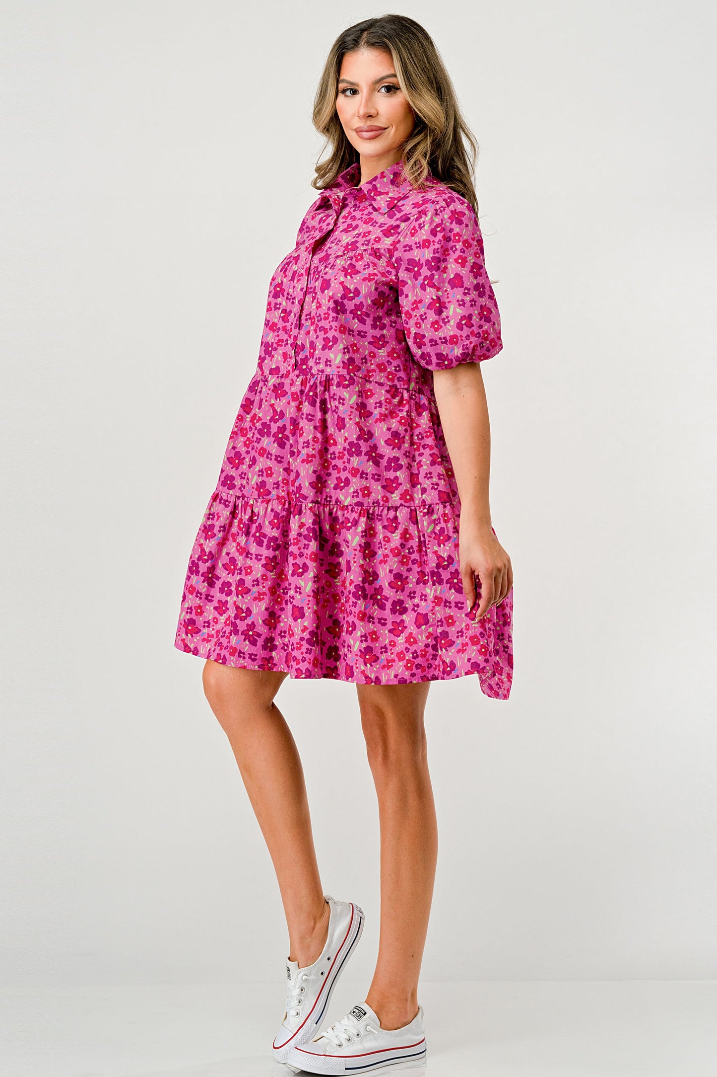 Floral Print Tiered Dress with Puff Sleeves - Button-Down Casual
