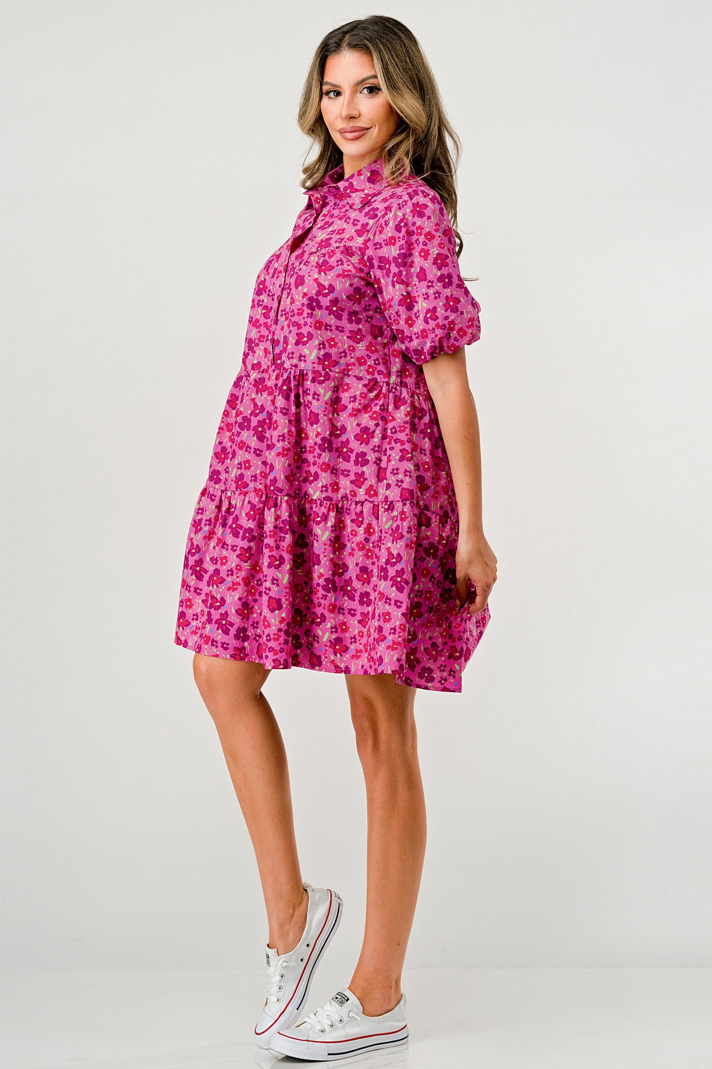 Floral Print Tiered Dress with Puff Sleeves - Button-Down Casual