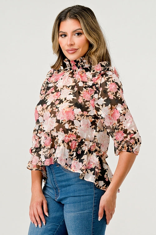 Floral High-Neck Ruffle Blouse