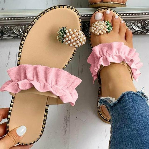 Sandalias de playa con punta plana y diseño de perla de piña para mujer