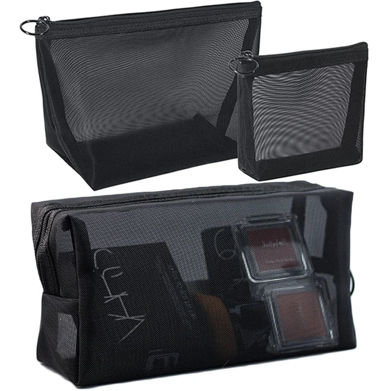 Bolsa de maquillaje de malla negra para mujer, bolsa de cosméticos transparente, pequeña y grande