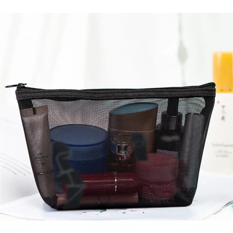 Bolsa de maquillaje de malla negra para mujer, bolsa de cosméticos transparente, pequeña y grande